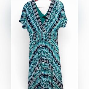 Chaps Women's Teal and Navy Patterned Midi Handkerchief Style Dress 4